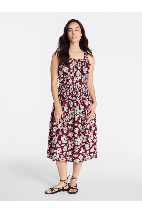 Women's and Women's Plus Sleeveless Smocked Peasant Midi Dress, Sizes XS-4X
