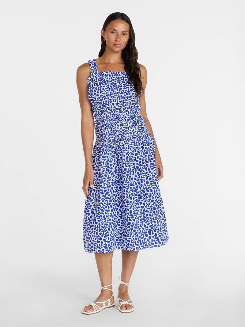 Time and Tru Women's and Women's Plus Sleeveless Smocked Peasant Midi Dress, Sizes Xs-4x, Size: Small, Blue Time and Tru Women's and Women's Plus Sleeveless Smocked Peasant Midi Dress, Sizes Xs-4x, Size: Small, Blue