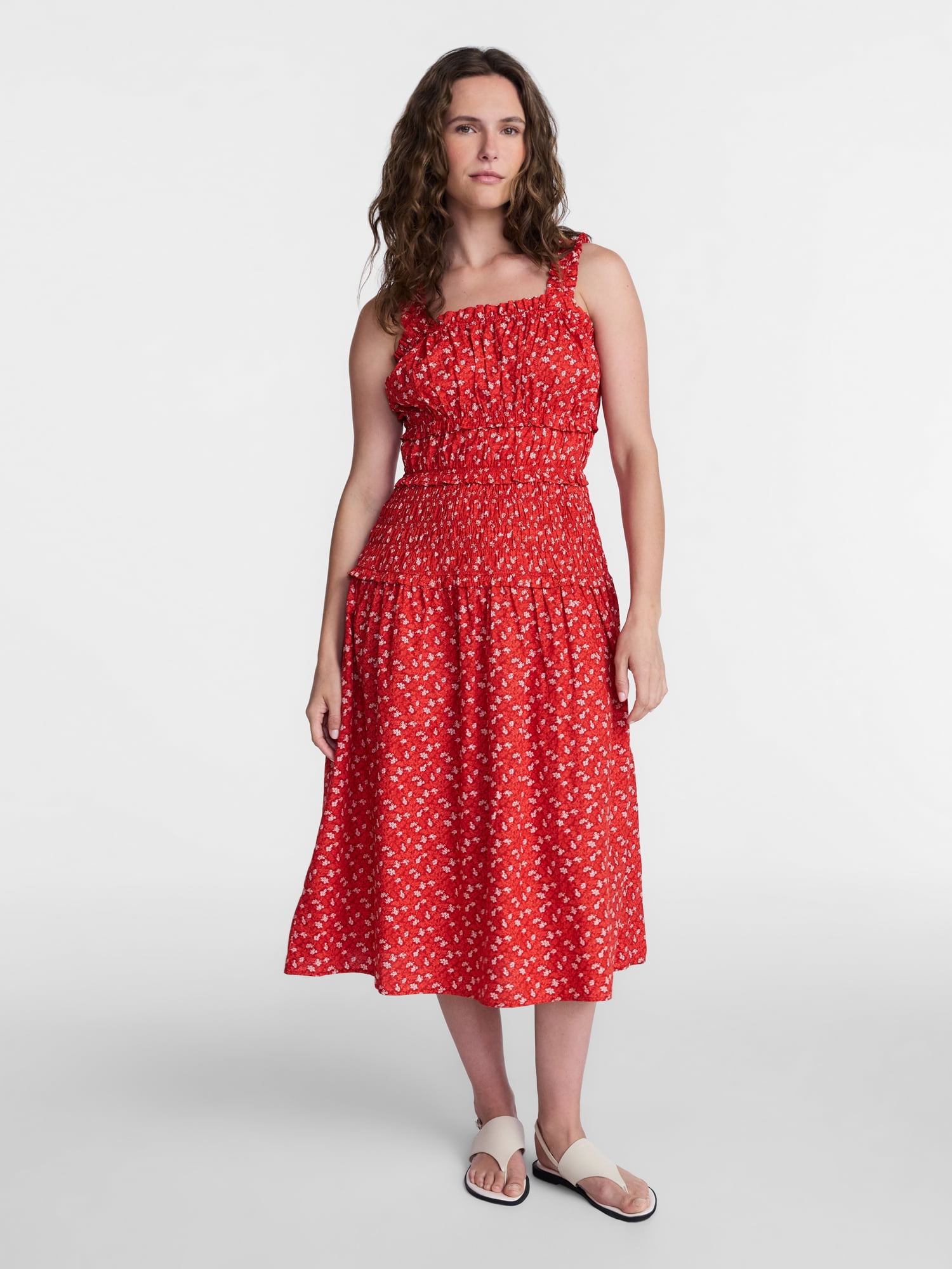 Time and Tru Women's and Women's Plus Sleeveless Smocked Peasant Midi Dress, Sizes XS-4X