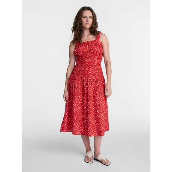 Time and Tru Women's and Women's Plus Sleeveless Smocked Peasant Midi Dress, Sizes XS-4X