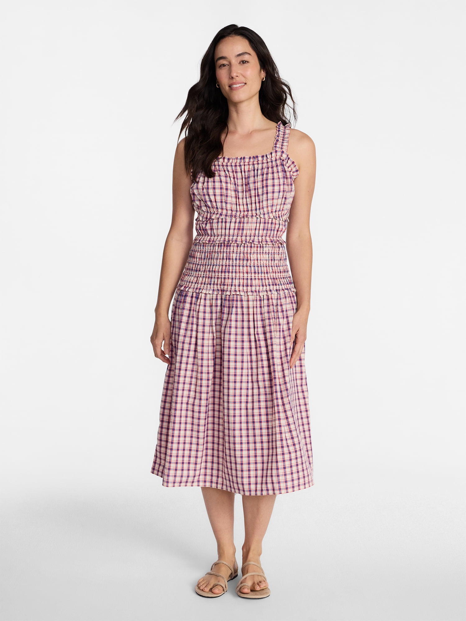 Time and Tru Women's and Women's Plus Sleeveless Smocked Peasant Midi Dress, Sizes XS-4X