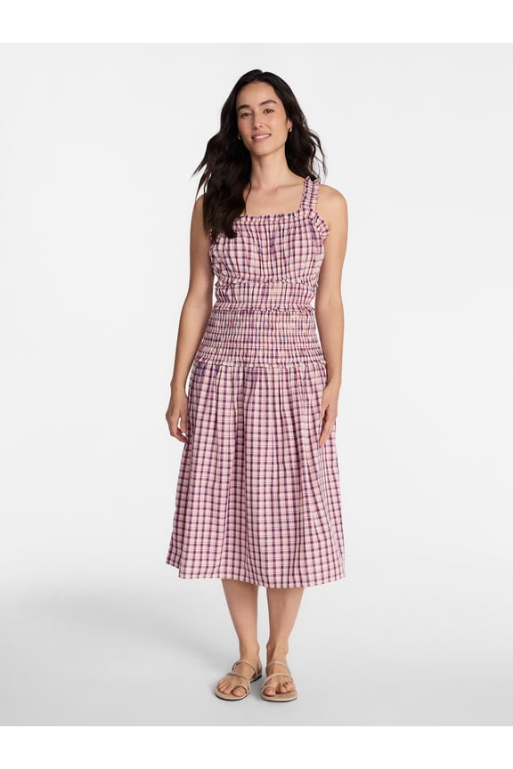 Women's and Women's Plus Sleeveless Smocked Peasant Midi Dress, Sizes XS-4X