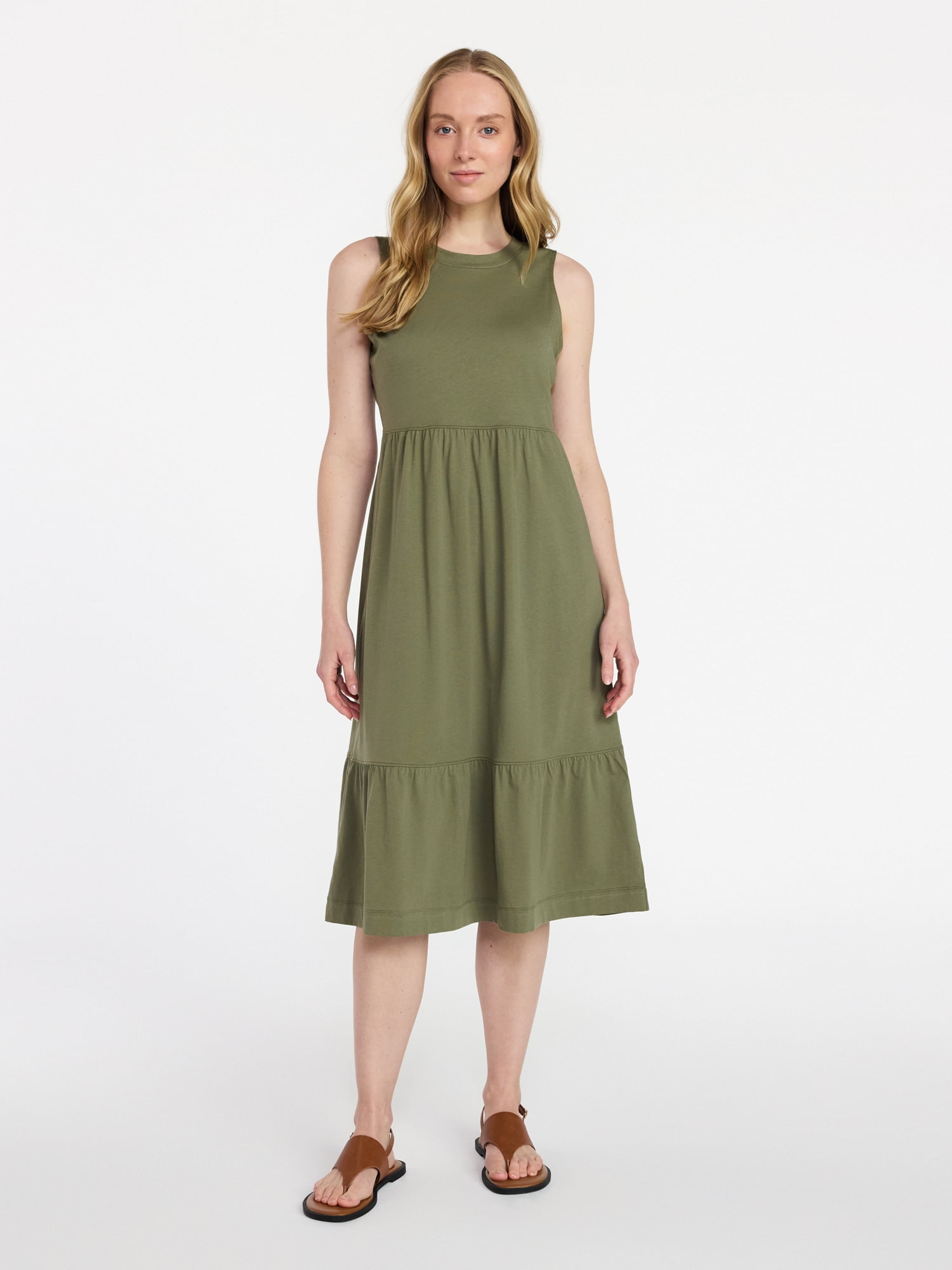 Time and Tru Women's Sleeveless Cotton Knit Tiered Midi Dress, Sizes XS-XXXL