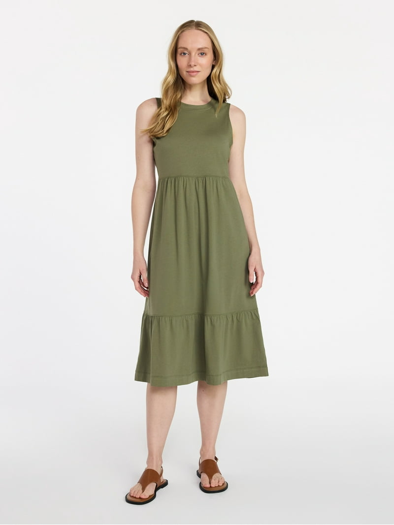 Time and Tru Women's Cotton Sleeveless Tiered Midi Dress, Sizes XS-XXXL