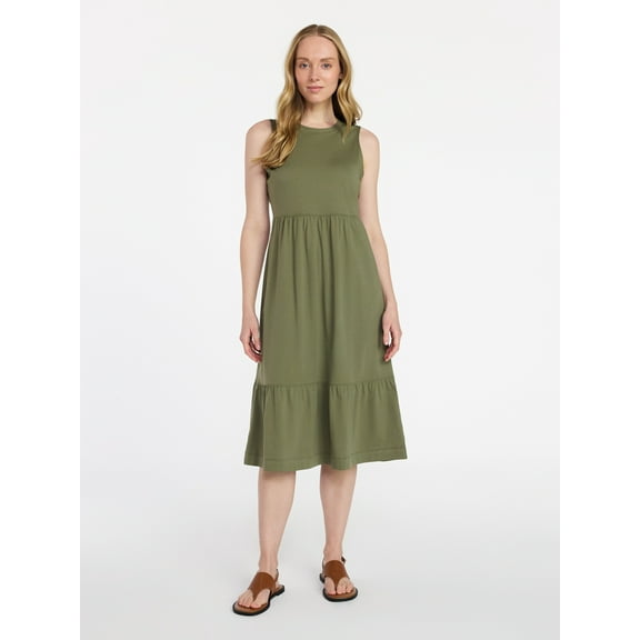 Time and Tru Women's Sleeveless Cotton Knit Tiered Midi Dress, Sizes XS-XXXL