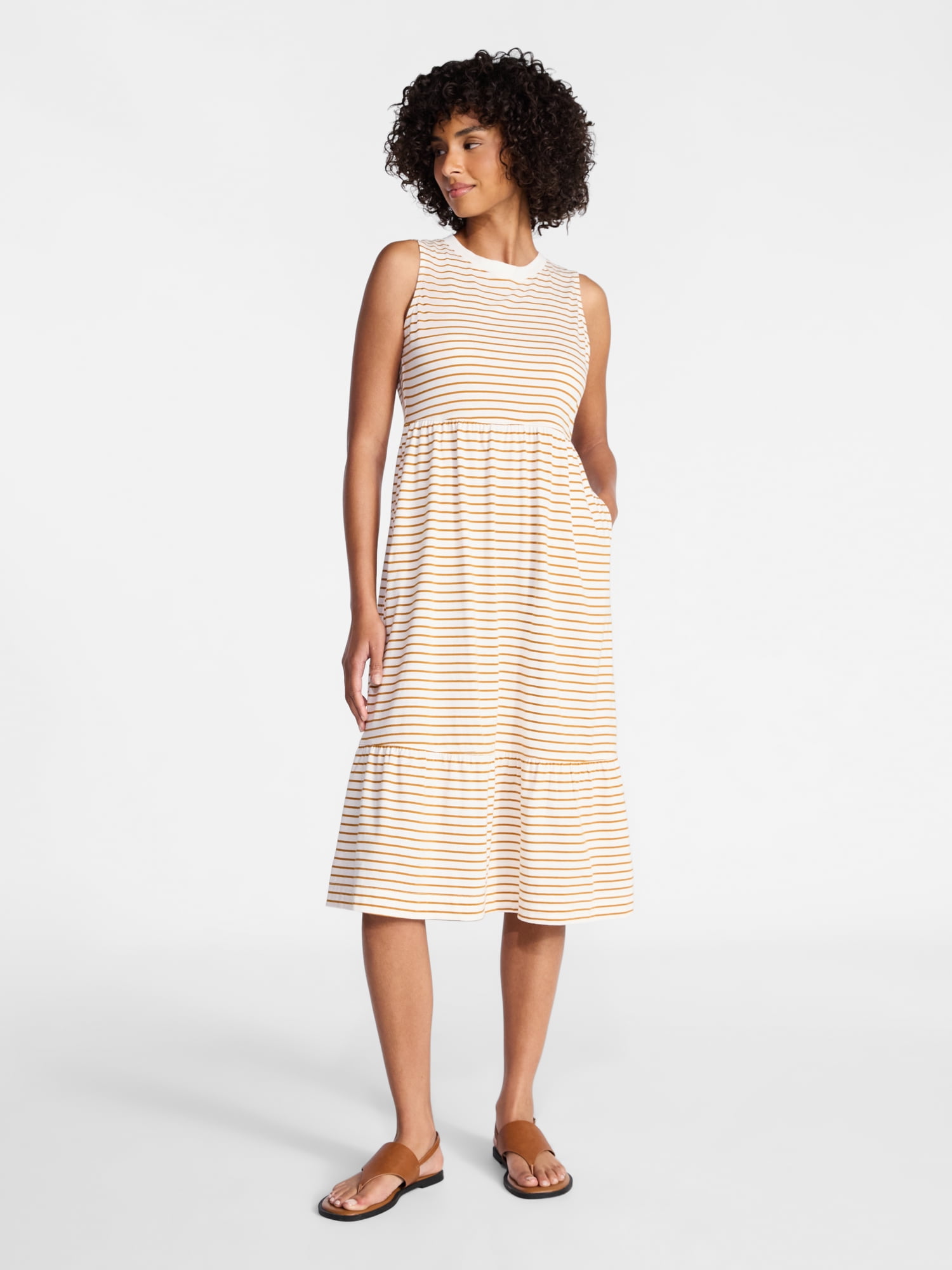 Time and Tru Women's Cotton Sleeveless Tiered Midi Dress, Sizes XS-XXXL