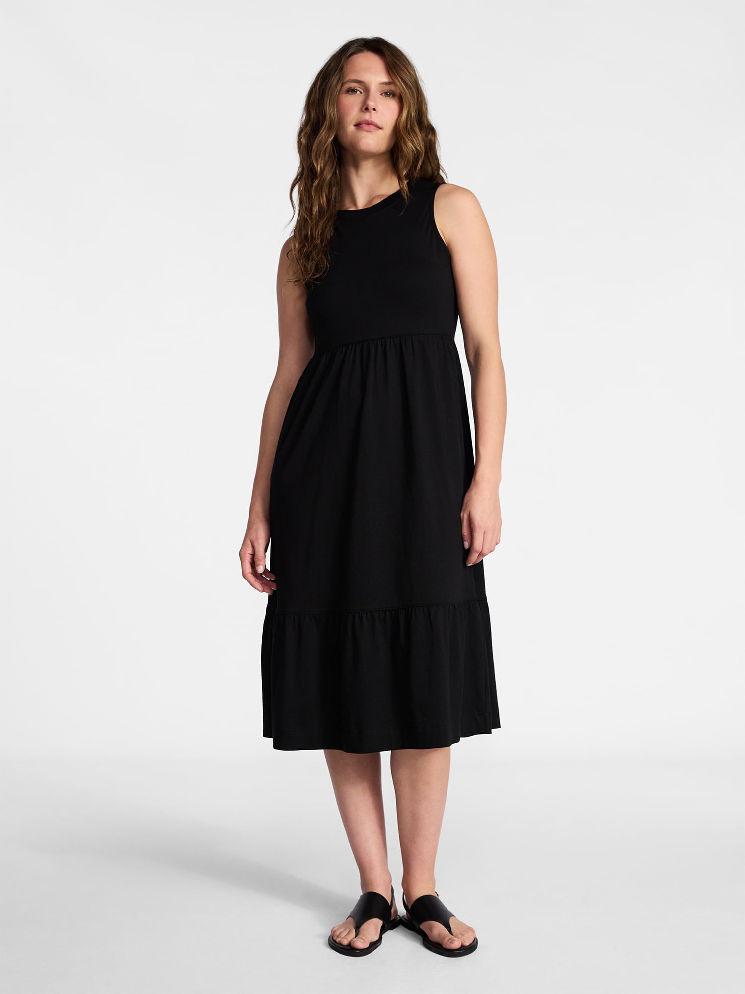 Time and Tru Women's Cotton Sleeveless Tiered Midi Dress, Sizes XS-XXXL