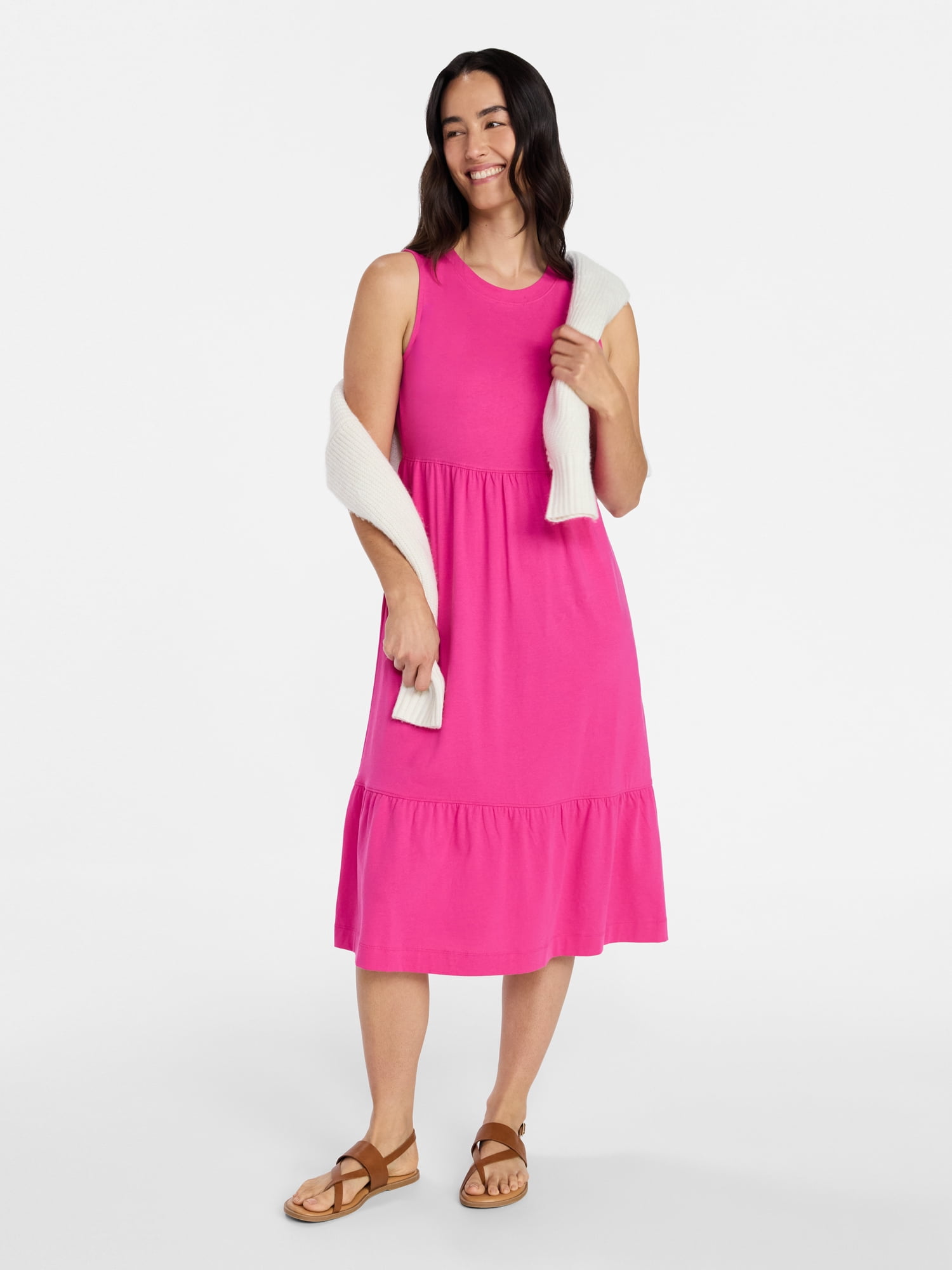 Time and Tru Women's Cotton Sleeveless Tiered Midi Dress, Sizes XS-XXXL
