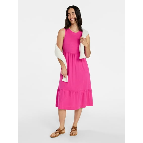 Time and Tru Women's Cotton Sleeveless Tiered Midi Dress, Sizes XS-XXXL