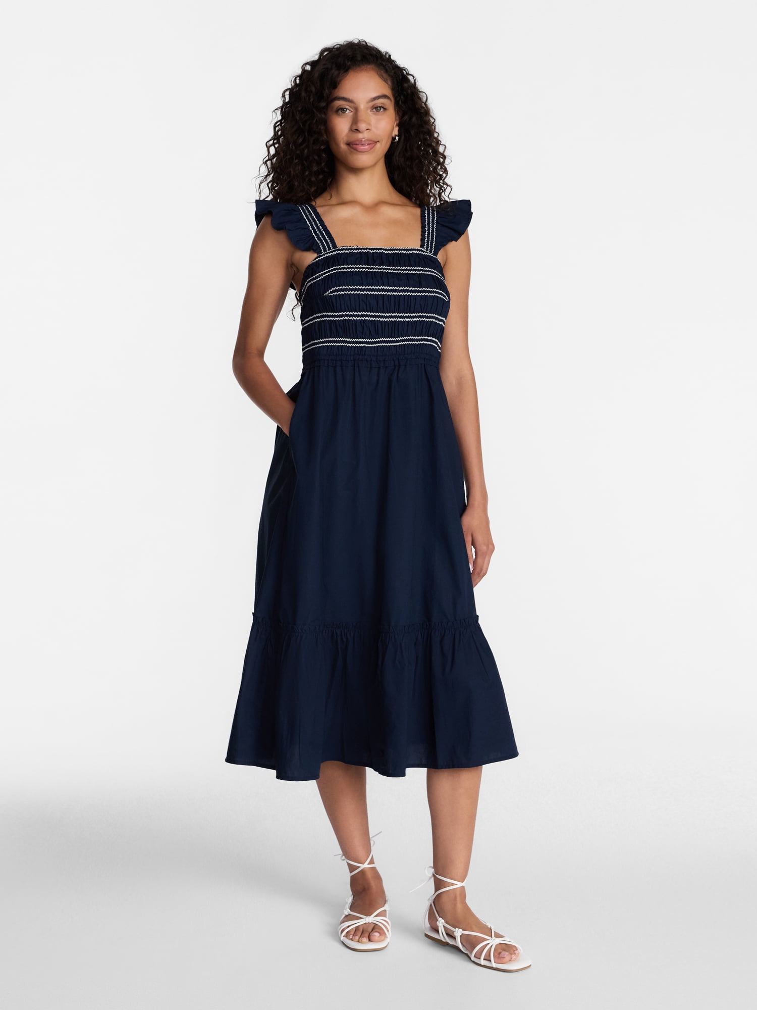 Time and Tru Women's and Women's Plus Sleeveless Smocked Cotton Midi Dress, Sizes XS-4X