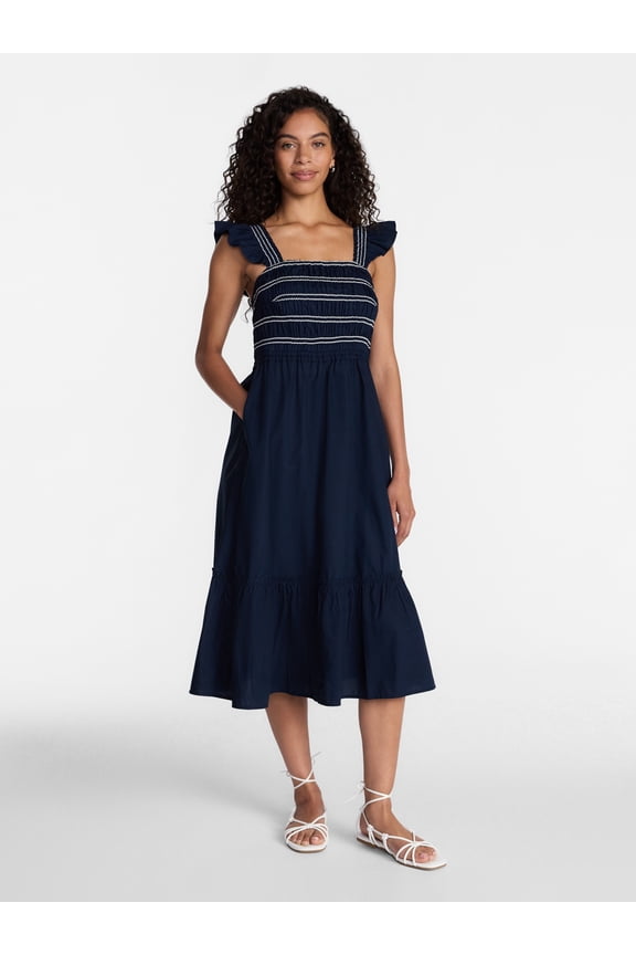 Women's and Women's Plus Smocked Bodice Midi Dress, Sizes XS-4X