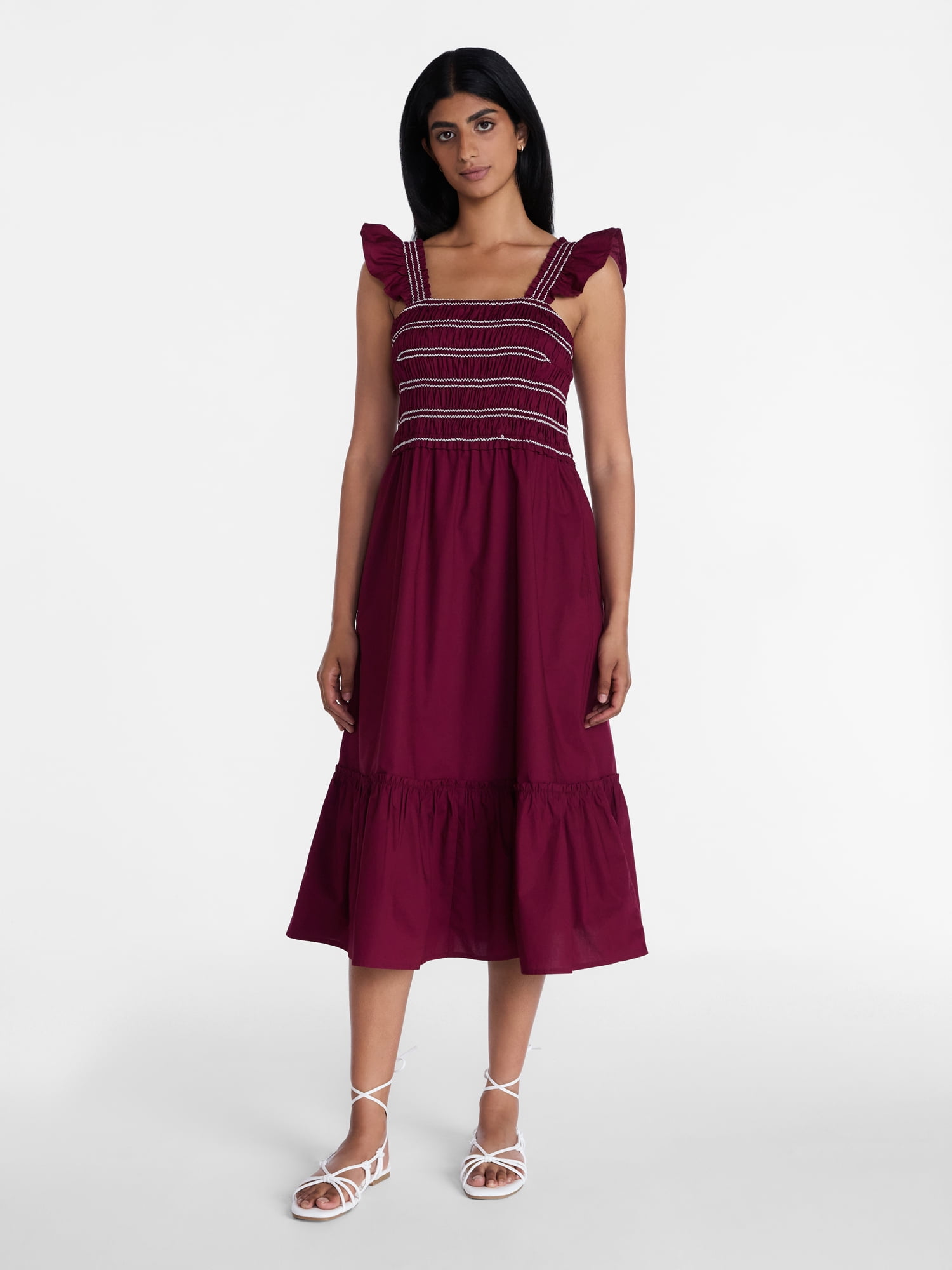 Time and Tru Women's and Women's Plus Sleeveless Smocked Cotton Midi Dress, Sizes XS-4X