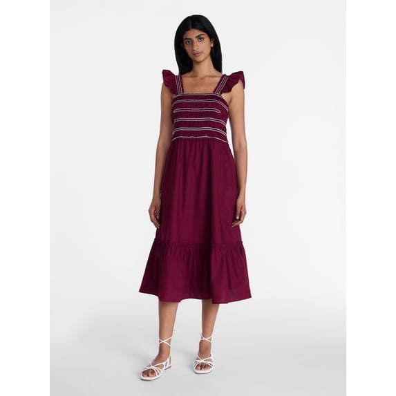 Time and Tru Women's and Women's Plus Sleeveless Smocked Cotton Midi Dress, Sizes XS-4X
