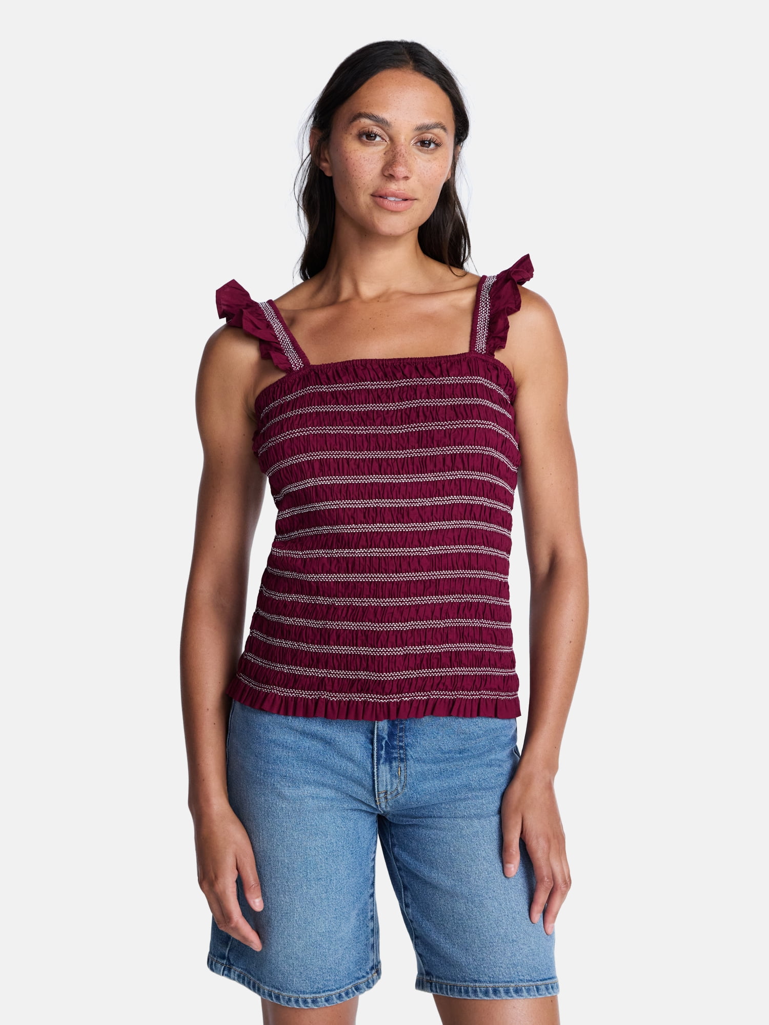Time and Tru Women's Smocked Cotton Tank Top with Ruffle Straps, Sizes XS-XXXL