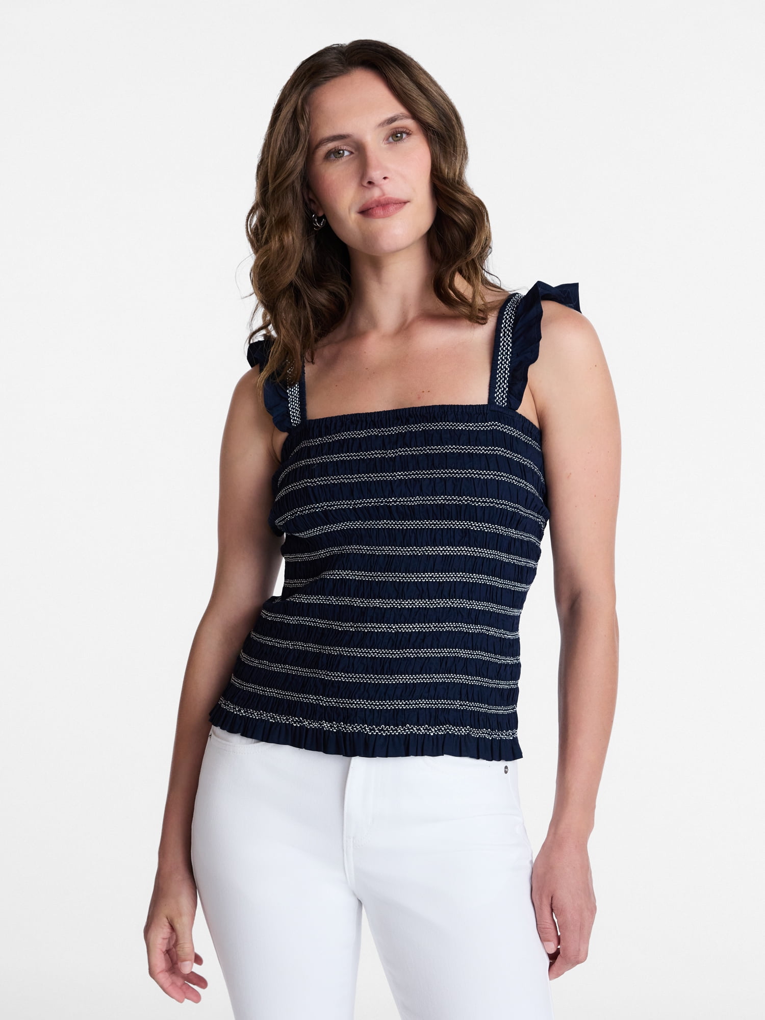 Time and Tru Women's Smocked Cotton Tank Top with Ruffle Straps, Sizes XS-XXXL