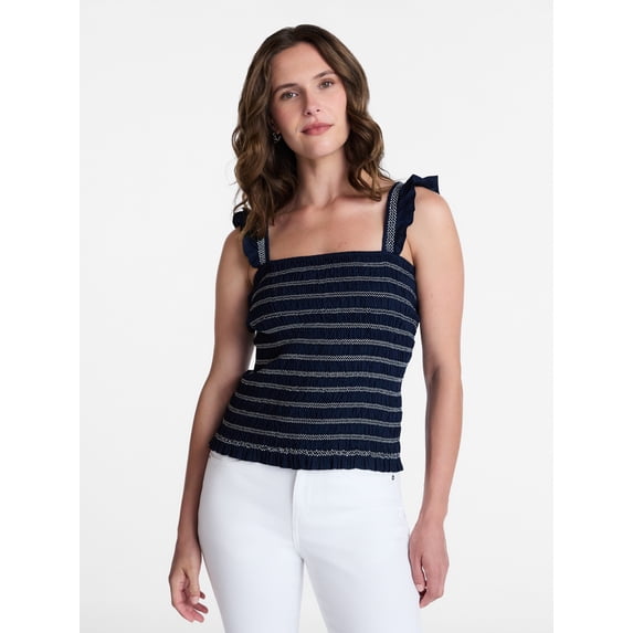 Time and Tru Women's Smocked Cotton Tank Top with Ruffle Straps, Sizes XS-XXXL