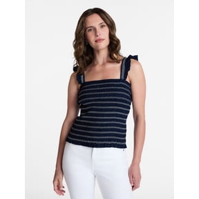 Time and Tru Women's Smocked Cotton Tank Top with Ruffle Straps, Sizes XS-XXXL