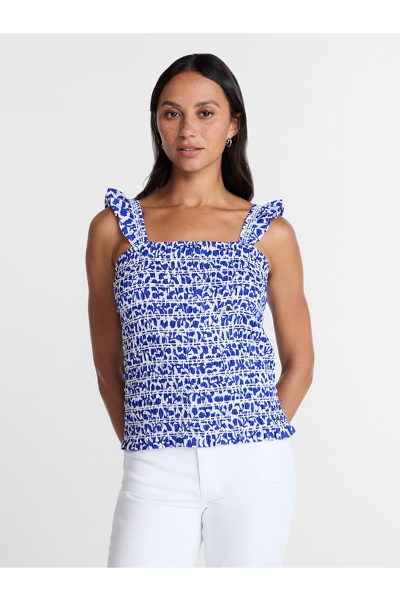 Women's Smocked Cotton Tank Top with Ruffle Straps, Sizes XS-XXXL