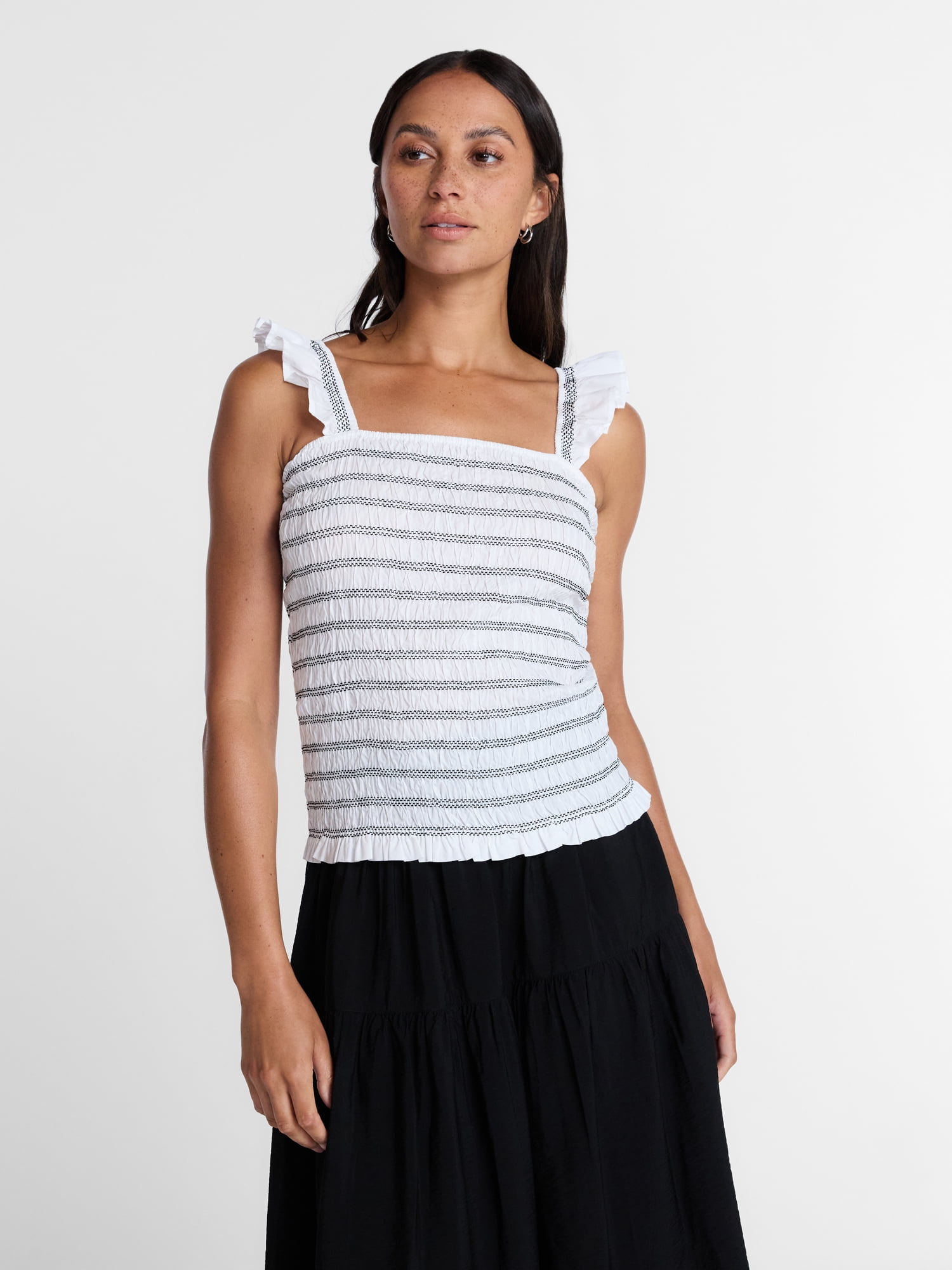 Time and Tru Women's Smocked Cotton Tank Top with Ruffle Straps, Sizes XS-XXXL