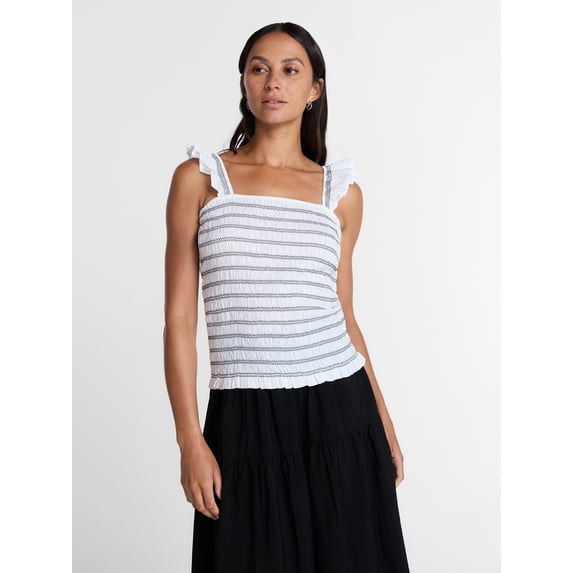 Time and Tru Women's Smocked Cotton Tank Top with Ruffle Straps, Sizes XS-XXXL