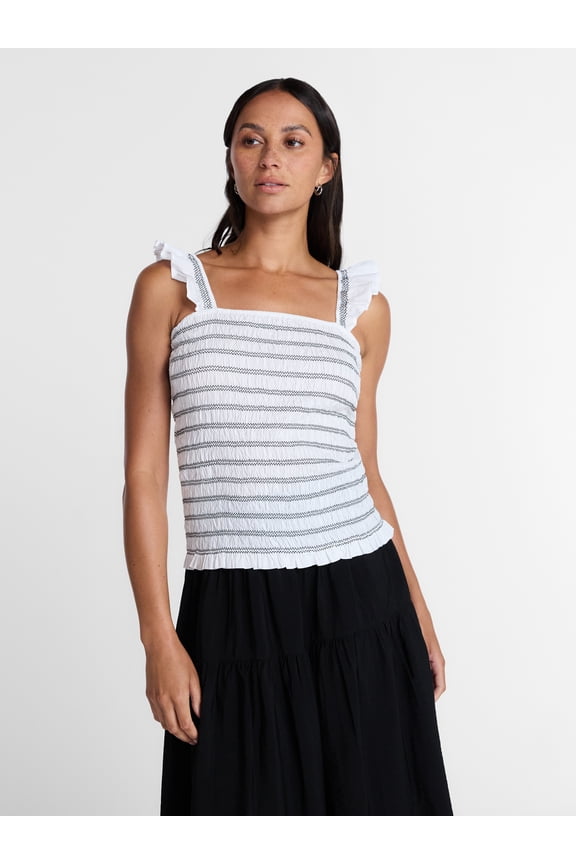 Women's Smocked Cotton Tank Top with Ruffle Straps, Sizes XS-XXXL