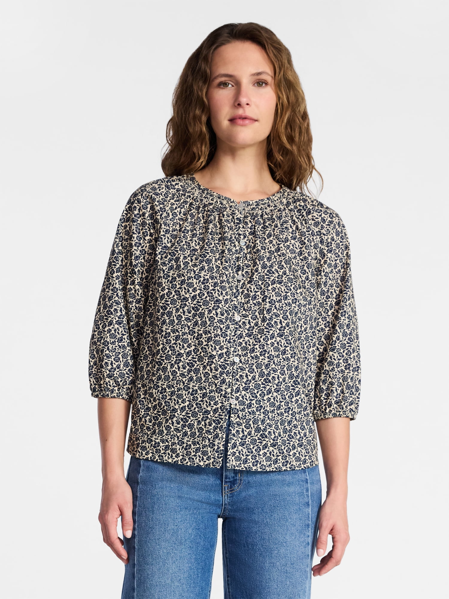 Time and Tru Women's Cotton Button Front Blouse with ¾ Length Sleeves, Sizes XS-XXXL