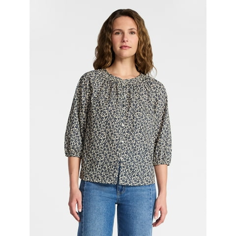 Women's Cotton Button Front Blouse with ¾ Length Sleeves, Sizes XS-XXXL