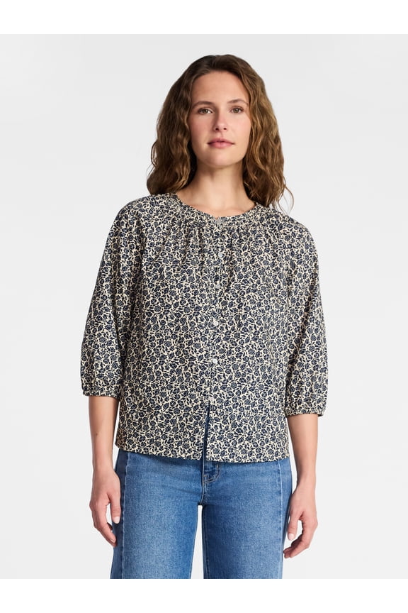 Women's Cotton Button Front Blouse with ¾ Length Sleeves, Sizes XS-XXXL