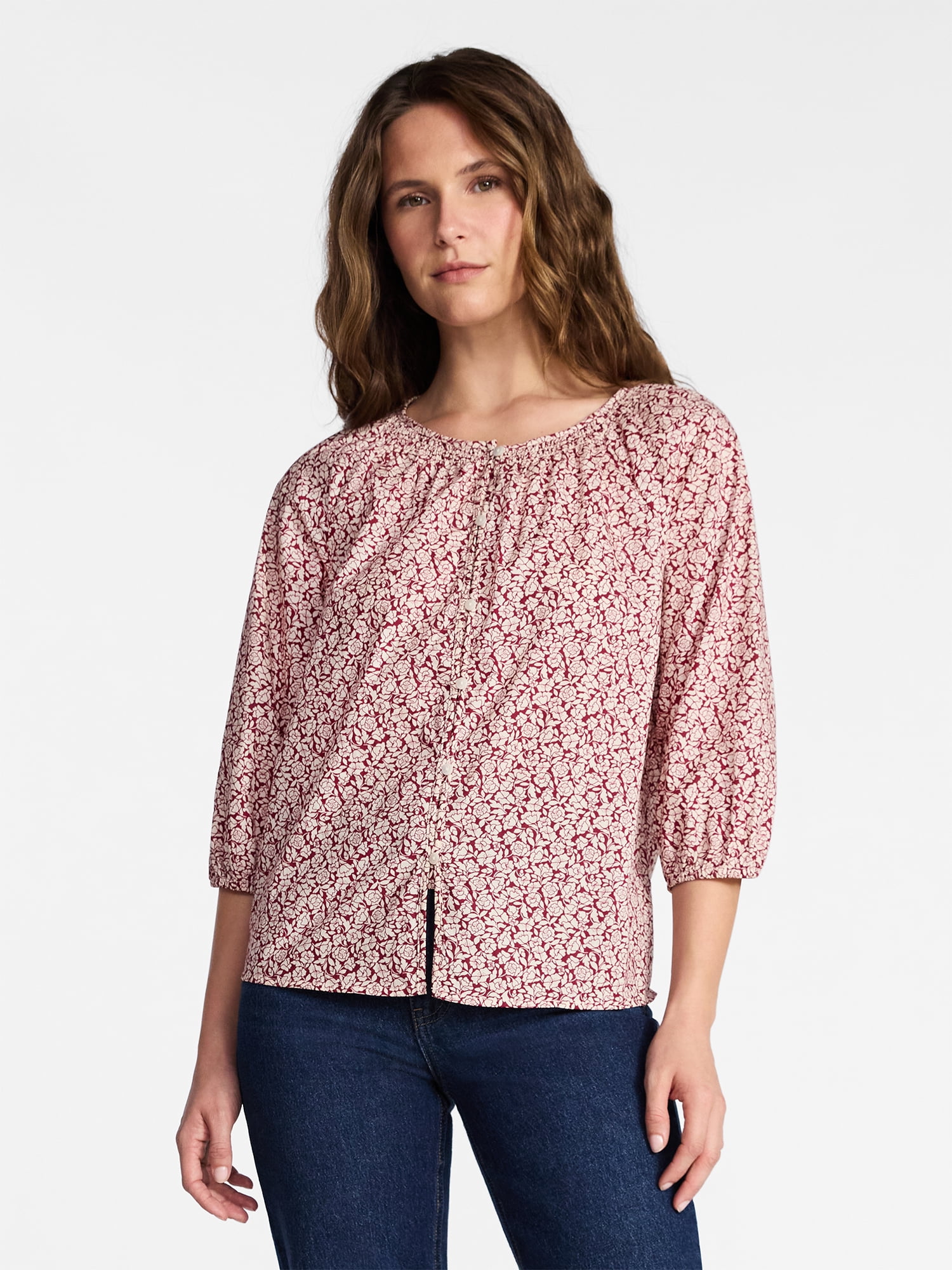 Time and Tru Women's Cotton Button Front Blouse with ¾ Length Sleeves, Sizes XS-XXXL