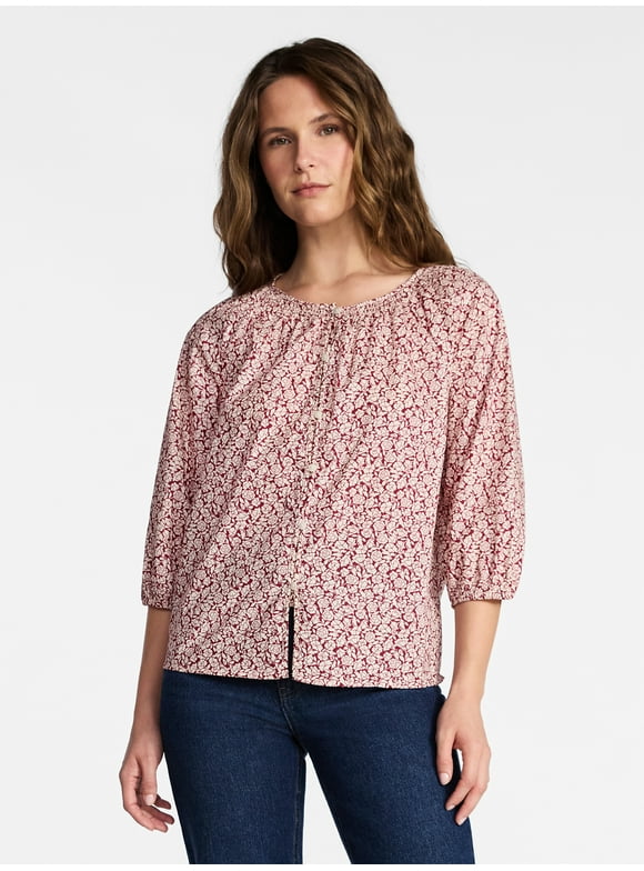 Women's Cotton Button Front Blouse with ¾ Length Sleeves, Sizes XS-XXXL