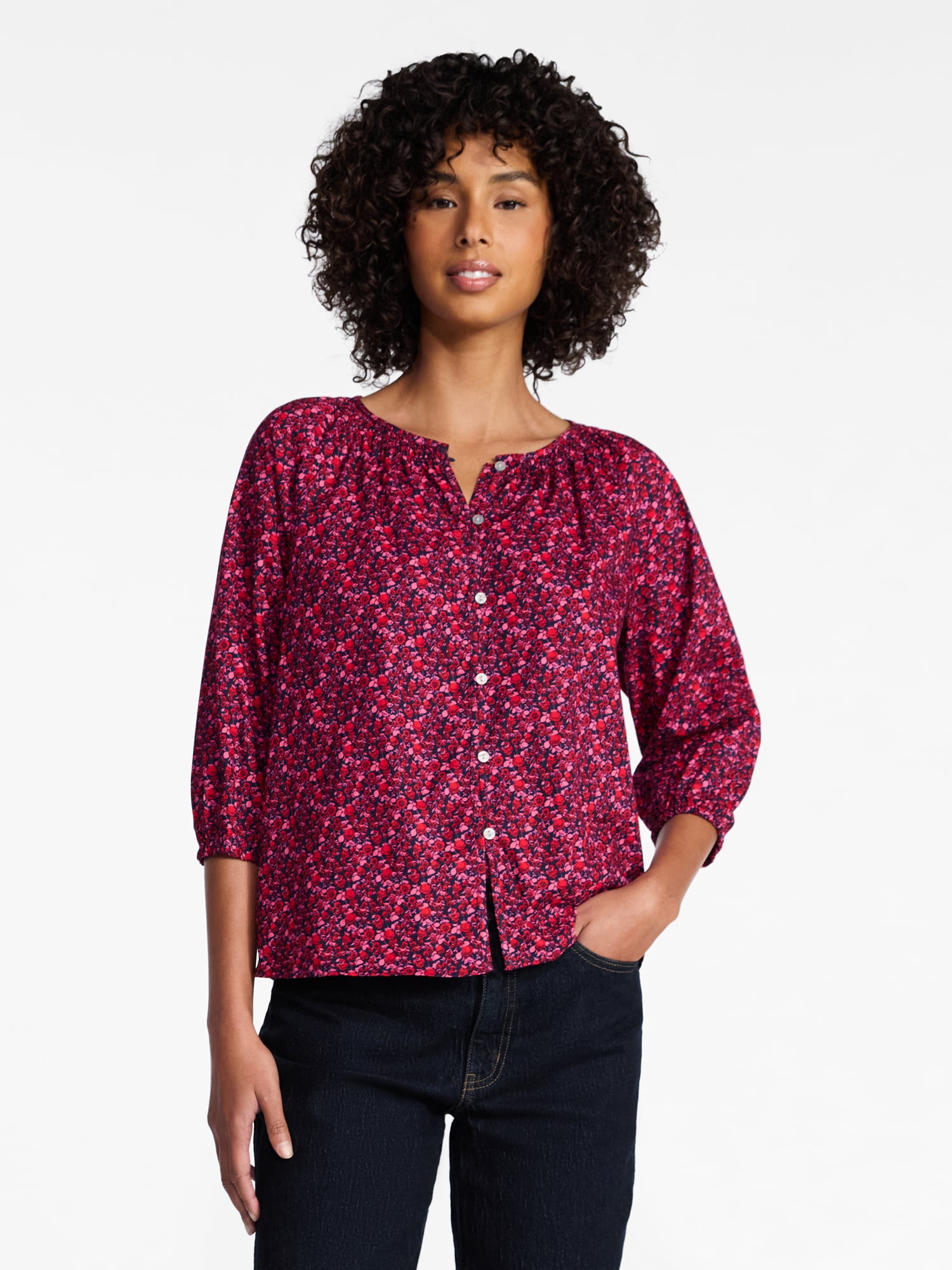 Time and Tru Women's Cotton Button Front Blouse with ¾ Length Sleeves, Sizes XS-XXXL