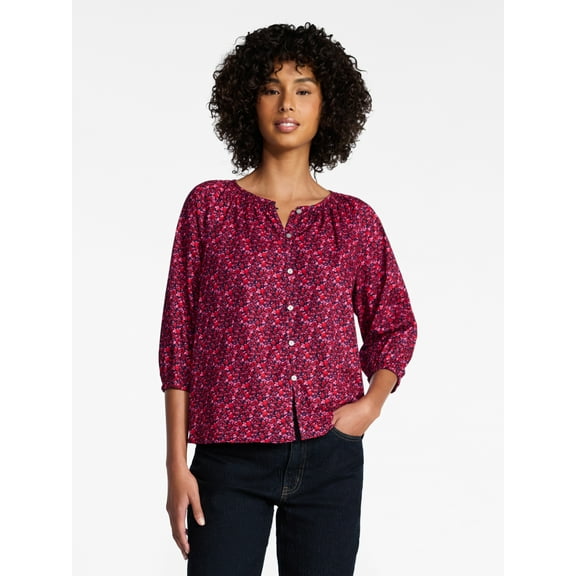 Time and Tru Women's Cotton Button Front Blouse with ¾ Length Sleeves, Sizes XS-XXXL