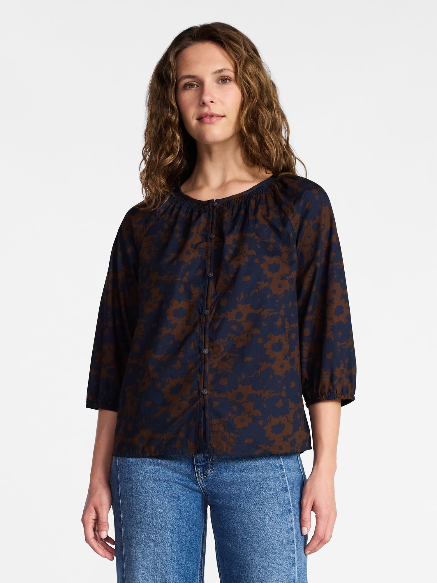 Time and Tru Women's Cotton Button Front Blouse with ¾ Length Sleeves, Sizes XS-XXXL