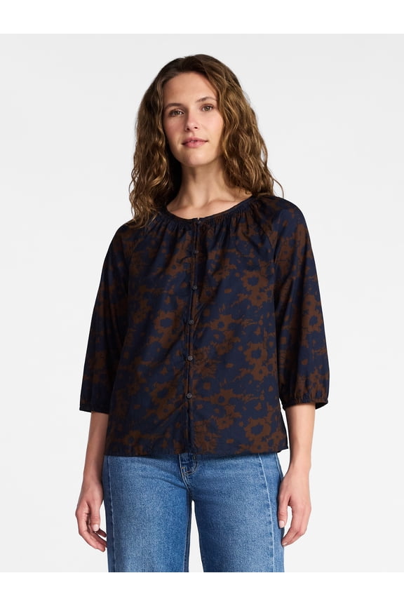 Women's Cotton Button Front Blouse with ¾ Length Sleeves, Sizes XS-XXXL