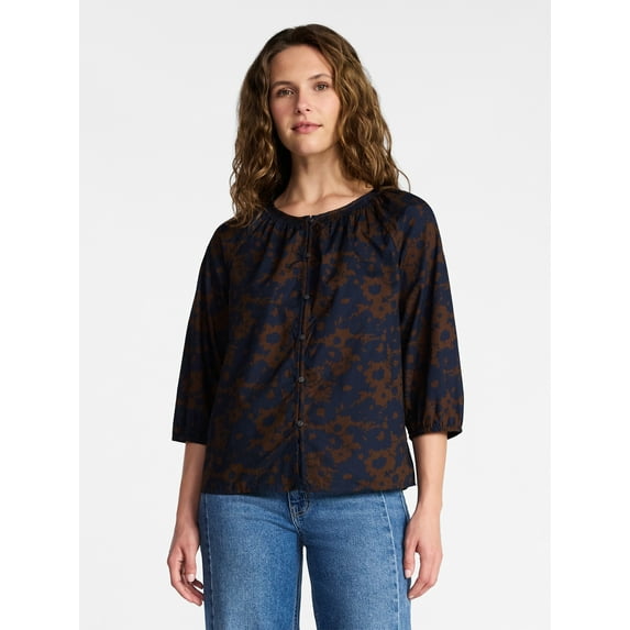 Time and Tru Women's Cotton Button Front Blouse with ¾ Length Sleeves, Sizes XS-XXXL