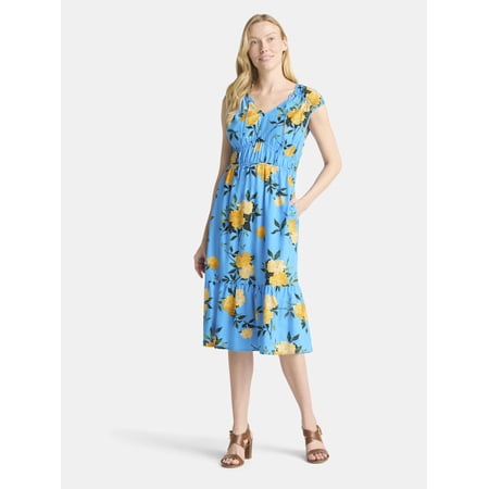 Time and Tru Women's V-Neck Midi Dress, Sizes XS-XXXL