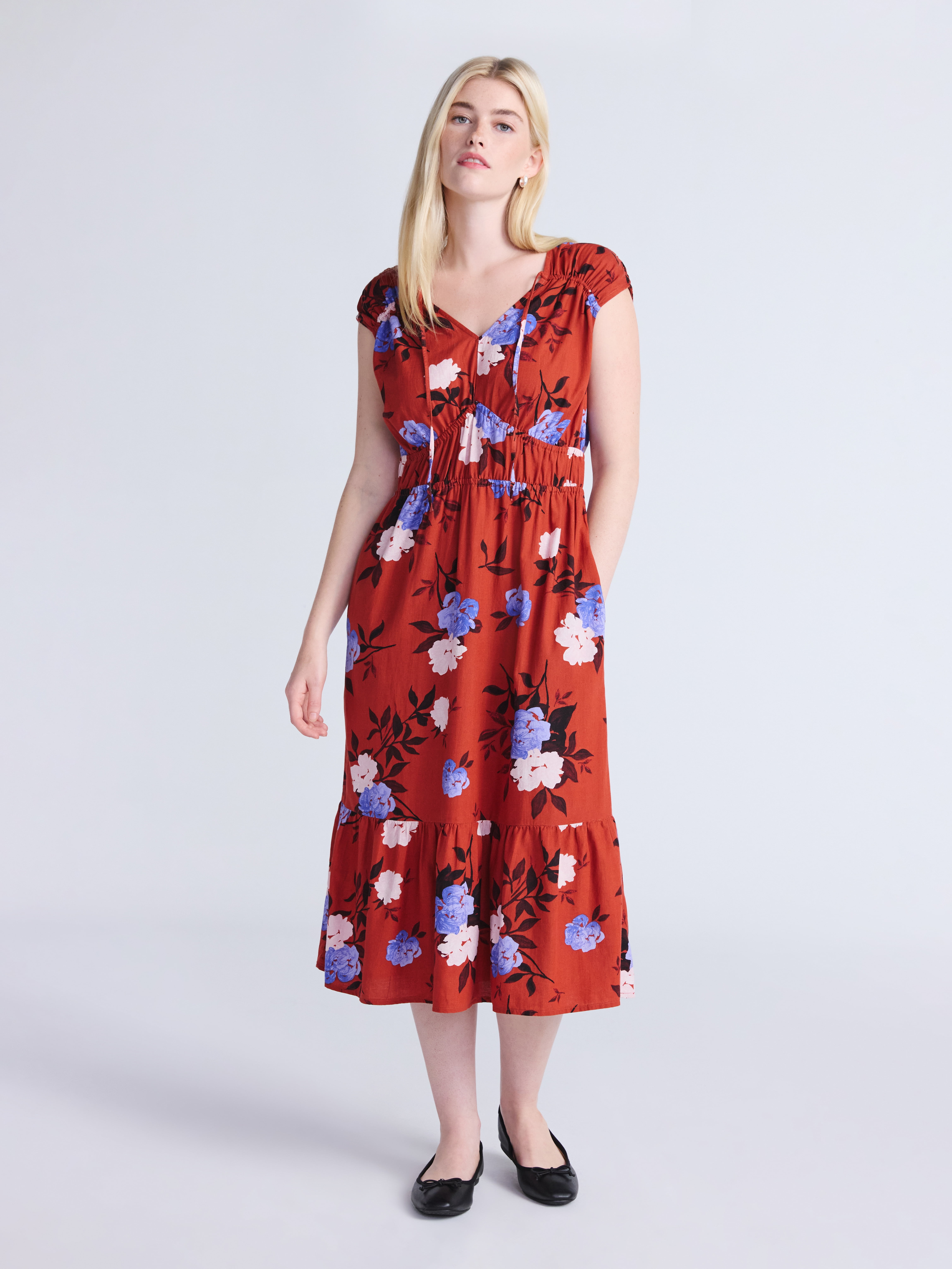 Time and Tru Women's V-Neck Midi Dress, Sizes XS-XXXL