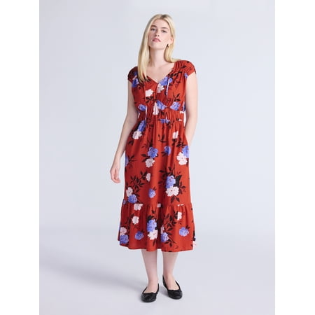 Time and Tru Women's V-Neck Midi Dress, Sizes XS-XXXL