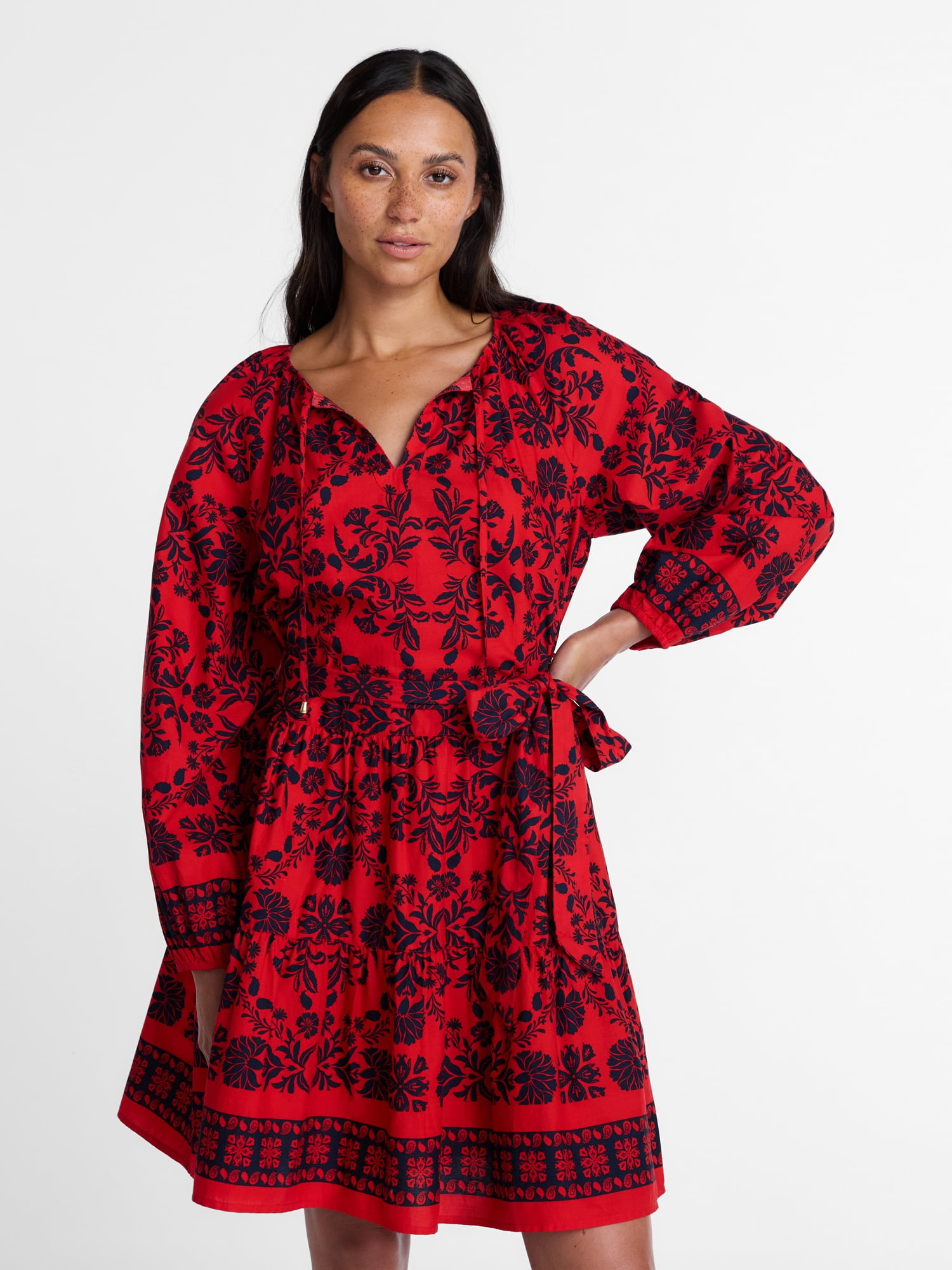 Time and Tru Women's and Women’s Plus Tie Neck Mini Peasant Dress, Sizes XS – 4X