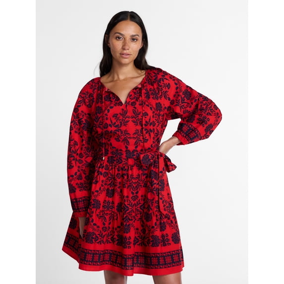 Time and Tru Women's and Women’s Plus Tie Neck Mini Peasant Dress, Sizes XS – 4X