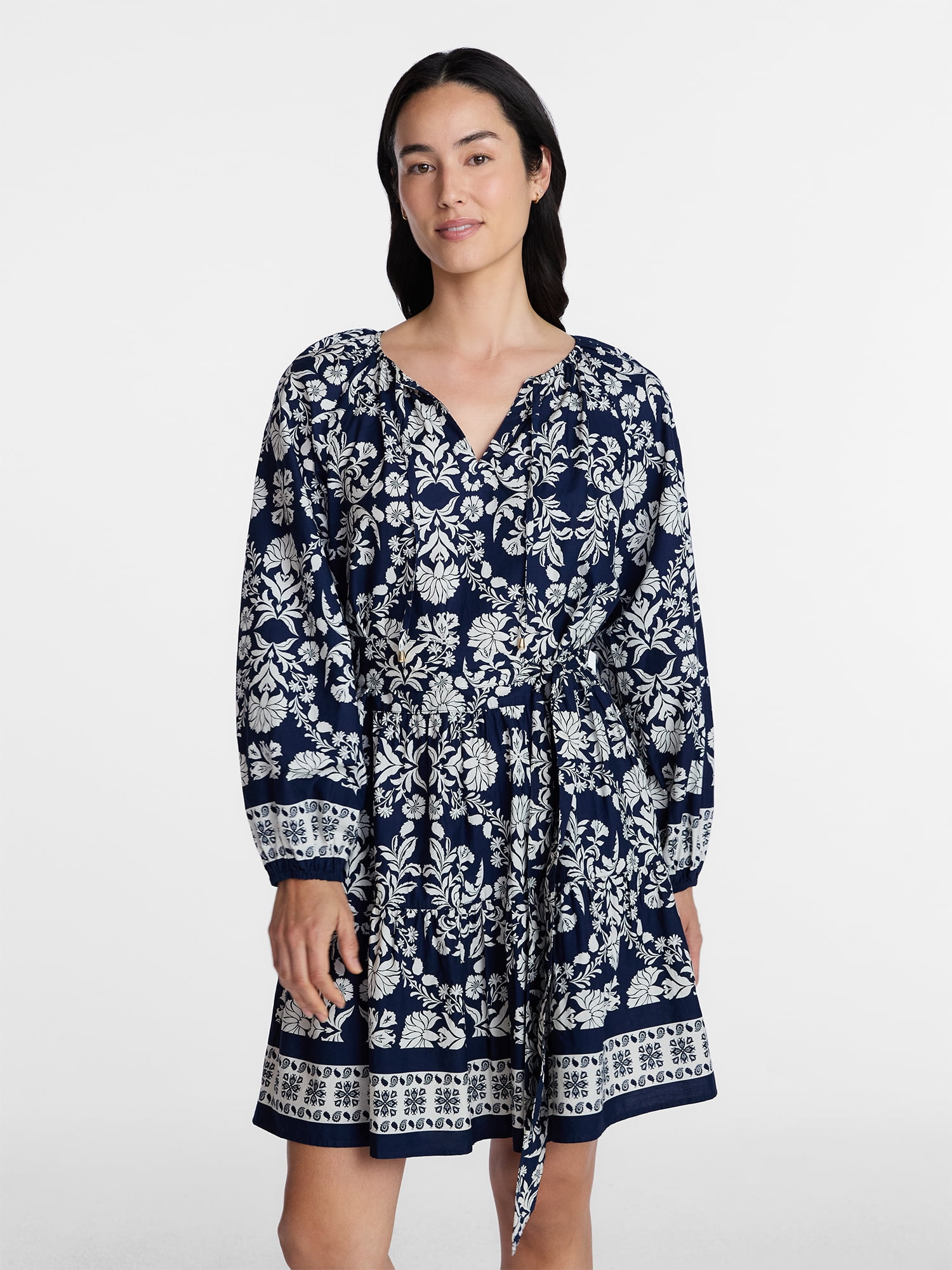 Time and Tru Women's and Women’s Plus Tie Neck Mini Peasant Dress, Sizes XS – 4X
