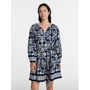 Women's Tie Neck Mini Peasant Dress, Sizes XS – 4X