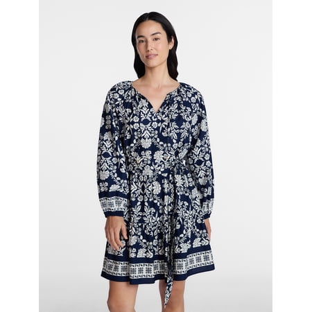 Time and Tru Women's and Women’s Plus Tie Neck Mini Peasant Dress, Sizes XS – 4X