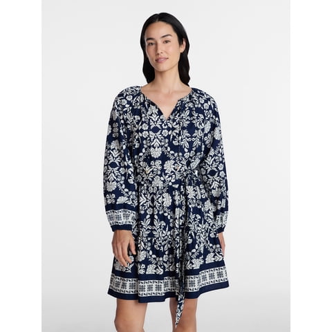 Women's Tie Neck Mini Peasant Dress, Sizes XS – 4X