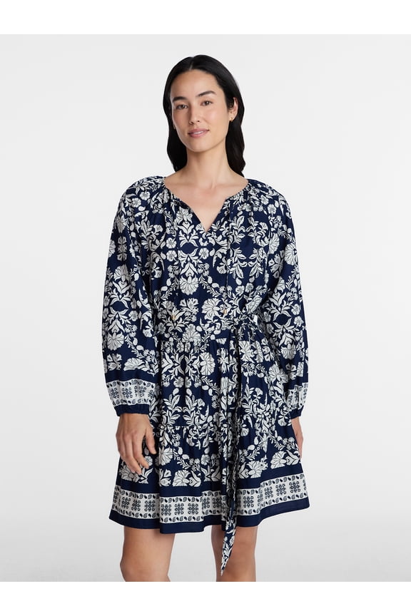 Women's and Women’s Plus Tie Neck Mini Peasant Dress, Sizes XS – 4X