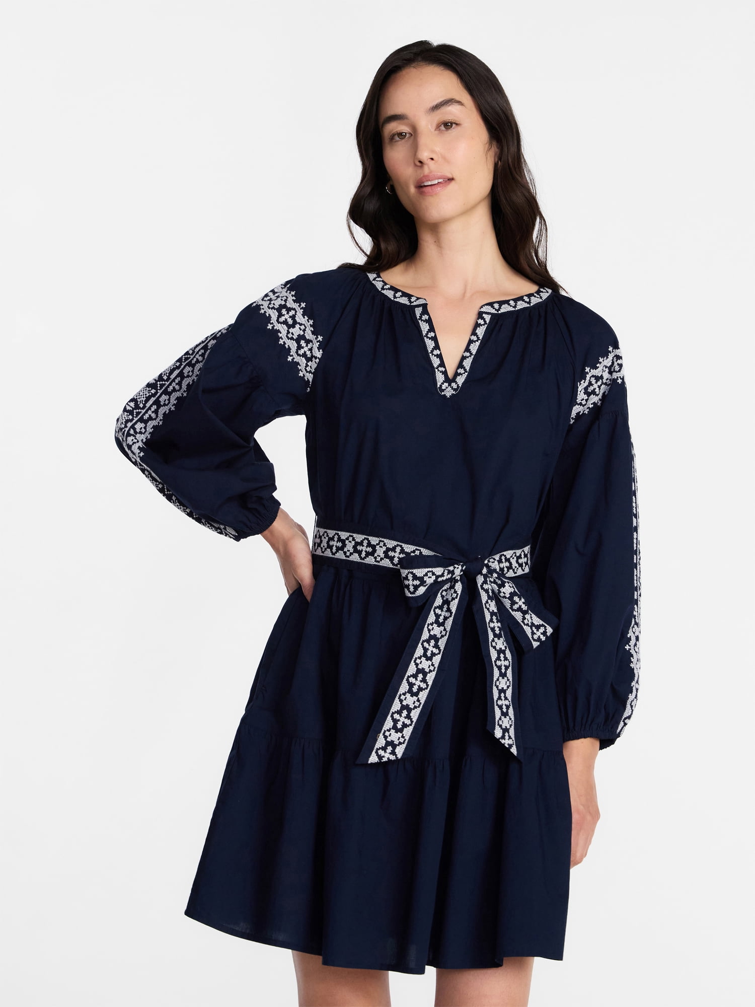 Time and Tru Women's Embroidered Cotton Mini Dress with Long Blouson Sleeves, Sizes XS-XXXL