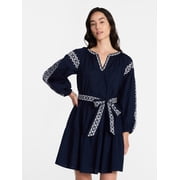 Women's Embroidered Cotton Mini Dress with Long Blouson Sleeves, Sizes XS-XXXL