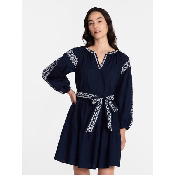 Time and Tru Women's Embroidered Cotton Mini Dress with Long Blouson Sleeves, Sizes XS-XXXL