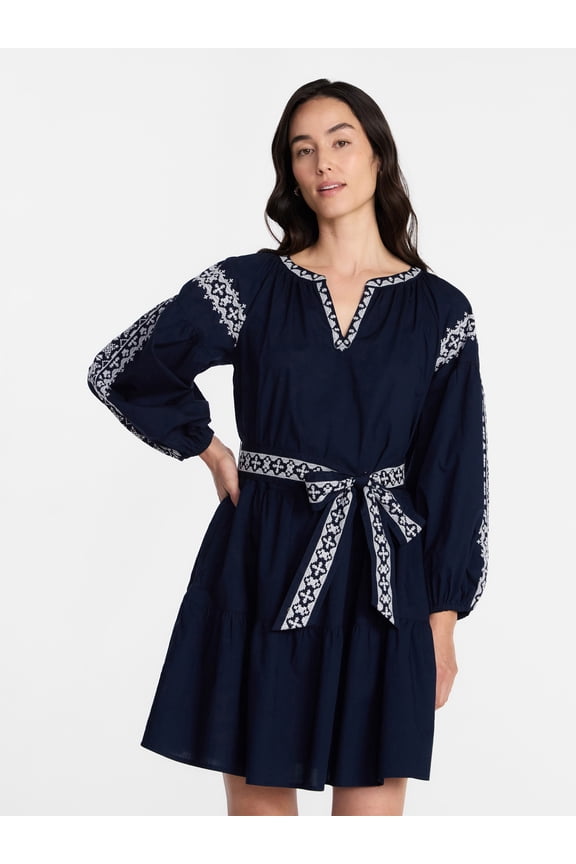 Women's Embroidered Cotton Mini Dress with Long Blouson Sleeves, Sizes XS-XXXL