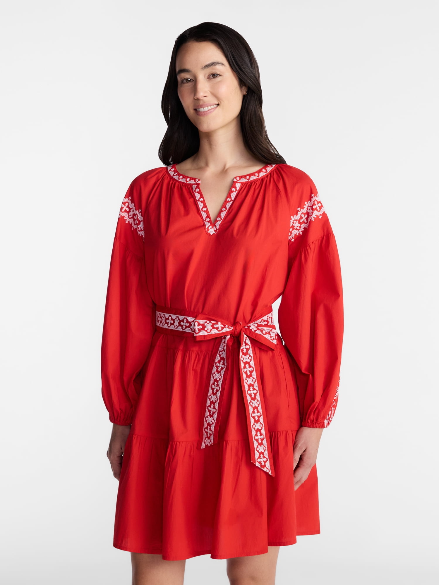 Time and Tru Women's Embroidered Cotton Mini Dress with Long Sleeves, Sizes XS-XXXL
